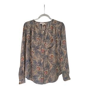 Ann Taylor Loft Womens XS Blouse Button Down Chest Pockets Leaf Grey Brown READ